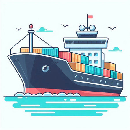 Cargo ship. Freight transportation. Vector illustration in flat styleのイラスト素材