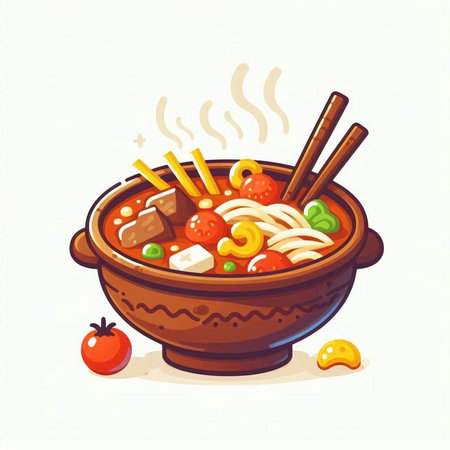 Noodle soup in clay pot with chopsticks. Cartoon style vector illustration.のイラスト素材