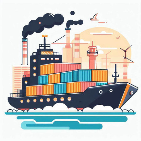 Cargo ship with containers. Cargo ship in the sea. Vector illustration.のイラスト素材
