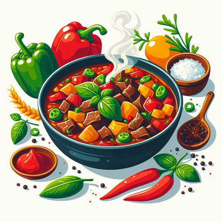 Beef stew with vegetables and spices in a bowl. Vector illustration.のイラスト素材