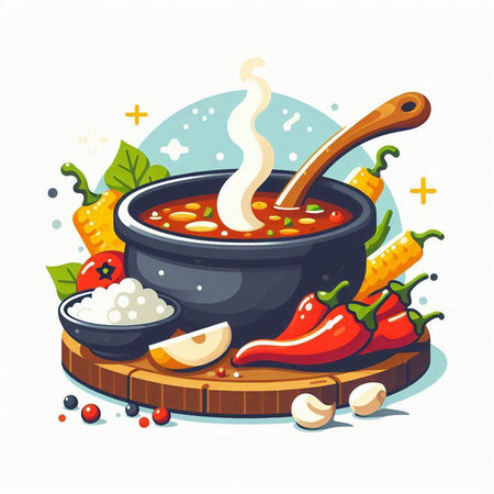 Soup with vegetables in a pot. Vector illustration on white background.のイラスト素材