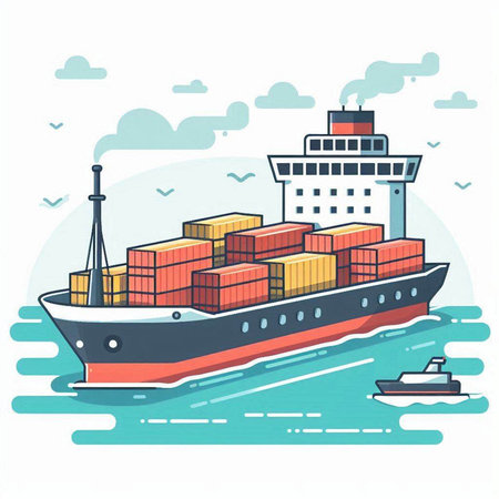 Cargo ship. Freight transportation. Vector illustration in flat styleのイラスト素材