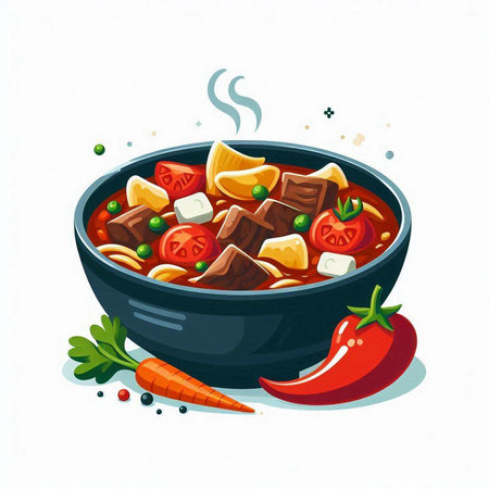 Illustration of a bowl of beef stew with vegetables and spices.のイラスト素材