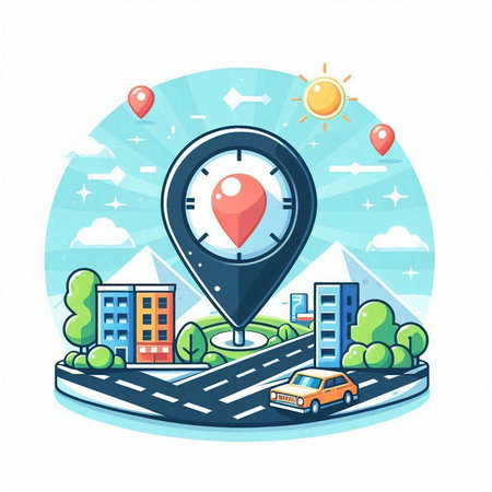 City map pin on the road. Vector illustration in flat style.のイラスト素材