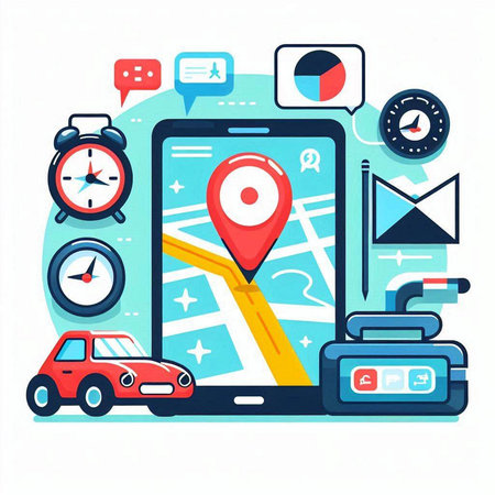 Mobile navigation concept. Smartphone with GPS navigator, car, compass and other icons. Flat design vector illustration.のイラスト素材