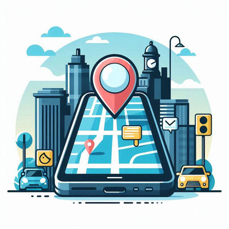Smartphone with city map on screen. Vector illustration in flat styleのイラスト素材