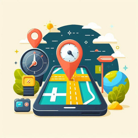 Flat design modern vector illustration concept of online navigation, navigator, map, location pin, mobile phone, city map, compassのイラスト素材