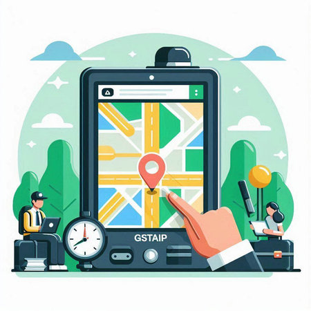Flat design modern vector illustration concept of big city navigation. Smartphone with gps navigation app on screen.のイラスト素材