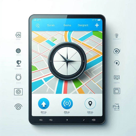 Navigation concept. Smartphone with GPS map and compass on screen.のイラスト素材
