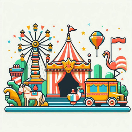 Vector illustration of fairground and amusement park. Flat style design.のイラスト素材