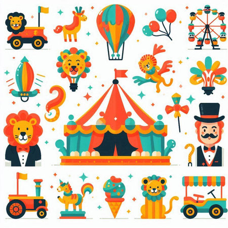 Circus elements set. Vector illustration in flat style isolated on white background.のイラスト素材