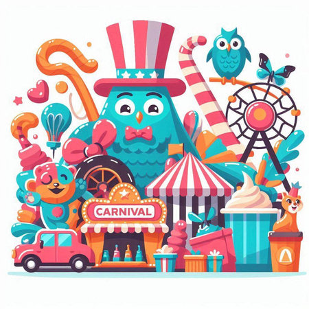 Circus entertainment flat vector illustration. Funny cartoon characters with carnival elements.のイラスト素材