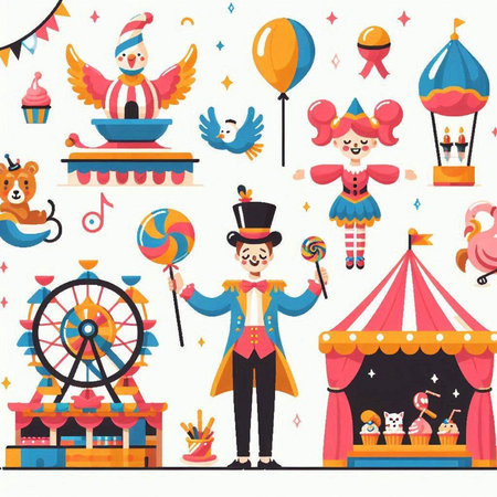Circus carnival set with clowns and circus rides vector illustrationのイラスト素材
