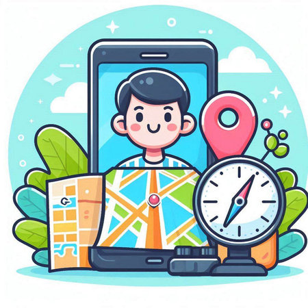 Vector illustration of a boy with a map and a compass on a smartphoneのイラスト素材