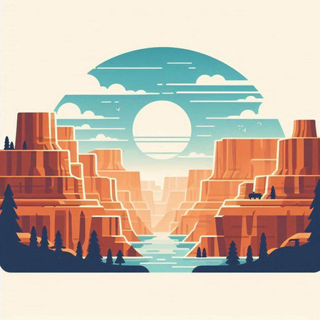 Sunset over the Lake Powell in Arizona, USA. Vector illustration.のイラスト素材