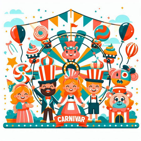 Circus carnival with clowns and animals. Vector illustration in flat styleのイラスト素材