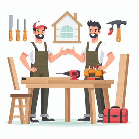Carpenter working in his workshop. Vector illustration in cartoon style.のイラスト素材