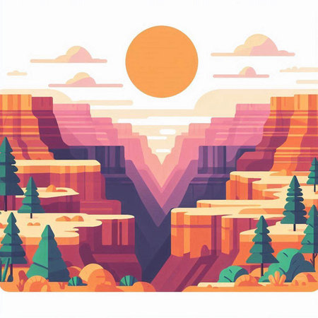 Landscape with mountains, forests and sun. Vector illustration in flat styleのイラスト素材