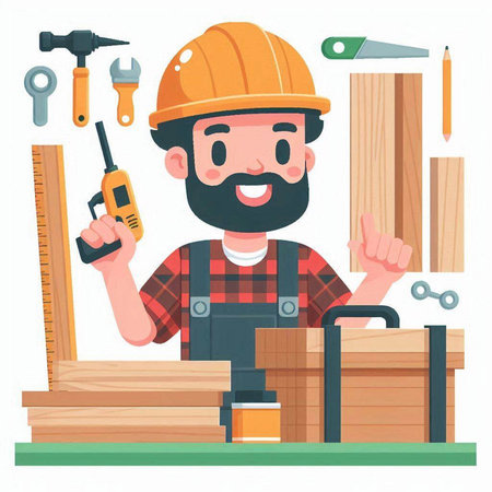 Carpenter working with tools. Vector illustration in cartoon style.のイラスト素材