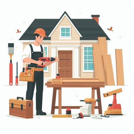 Carpenter working with tools. Vector illustration in cartoon style.のイラスト素材
