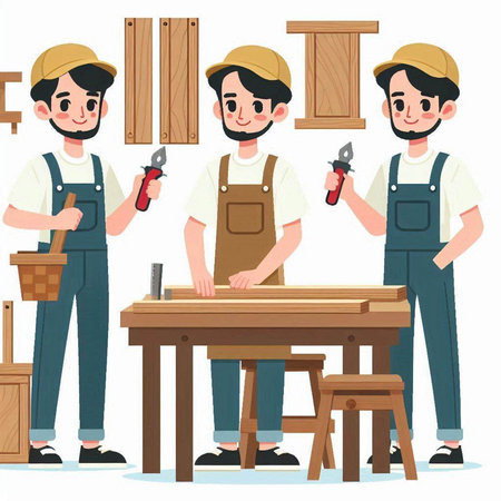 Carpenter working at his workshop. Vector illustration in cartoon style.のイラスト素材