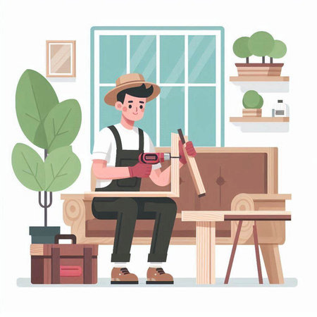Carpenter working with a screwdriver. Vector illustration in flat styleのイラスト素材