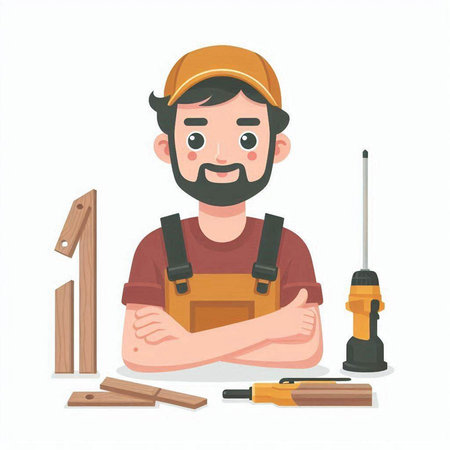 Carpenter with tools on white background. Vector illustration in cartoon style.のイラスト素材