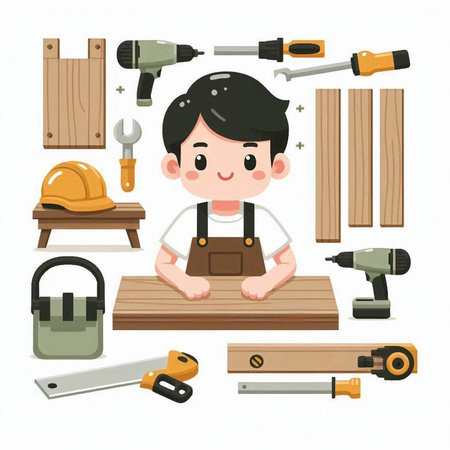 Carpenter with tools. Vector illustration in a flat style.のイラスト素材