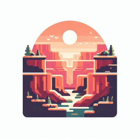 Sunset in the mountains. Vector illustration of a flat style.のイラスト素材