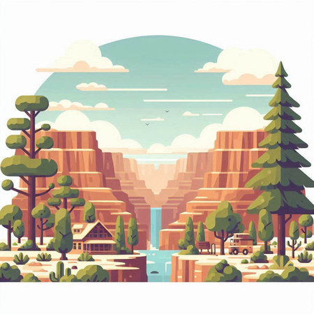 Landscape with mountains and river. Vector illustration in flat style.のイラスト素材