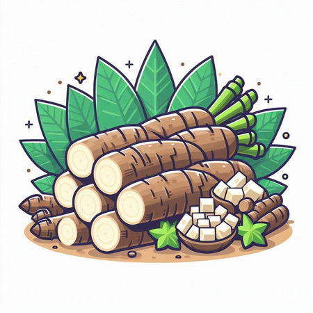 Illustration of yam with leaves and roots. Vector illustration.のイラスト素材