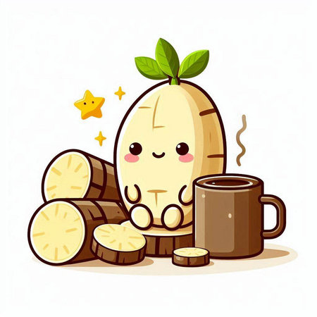 Cute kawaii potato character with cup of coffee. Vector illustrationのイラスト素材