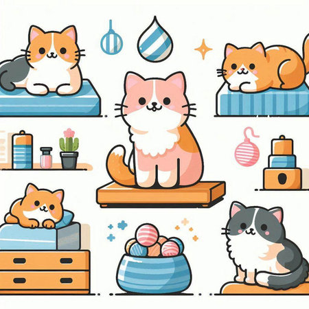 Cute cartoon cats in different situations. Colorful vector illustration.のイラスト素材