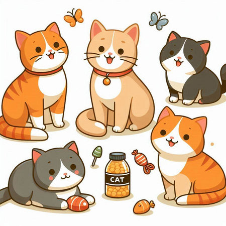 Illustration of Cartoon Cats with Different Types of Food on White Backgroundのイラスト素材