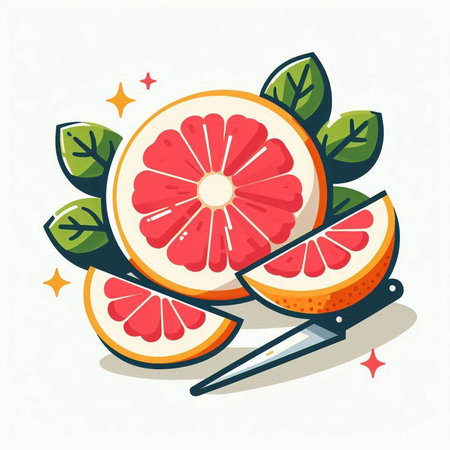 Grapefruit vector illustration in flat style. Cut grapefruit with knife.のイラスト素材