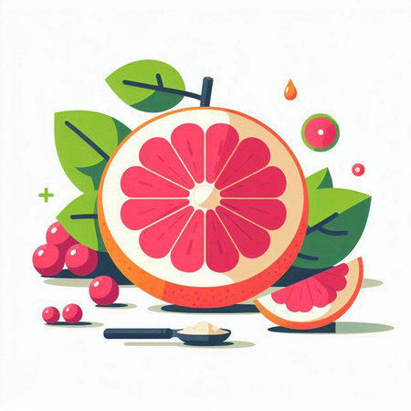 Grapefruit vector illustration. Flat design of juicy grapefruit with leaves and berries.のイラスト素材