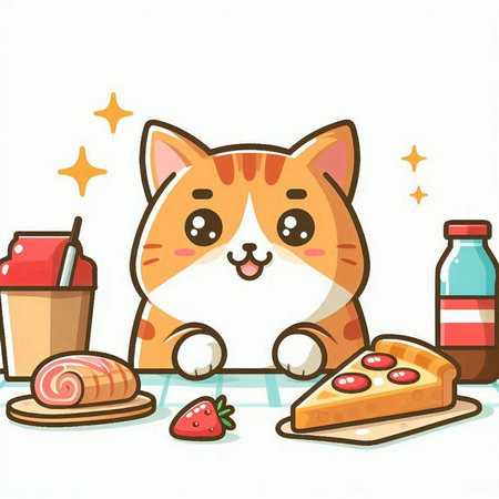 Cute cat sitting on the floor with food. Vector illustration.のイラスト素材