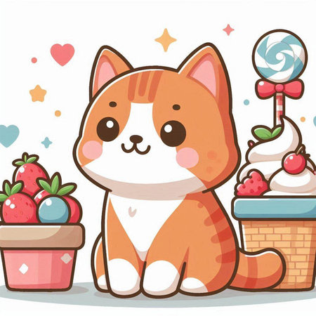 Illustration of a Cute Shiba Inu Cat with Sweetsのイラスト素材