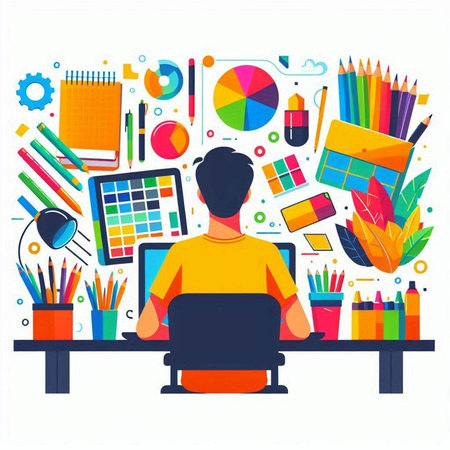 Back view of a man sitting at the table with a laptop, colored pencilsers, stationery and other office supplies. Vector illustration.のイラスト素材