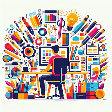 Flat design vector illustration concept of creative process. Businessman sitting at desk and working on laptop.のイラスト素材
