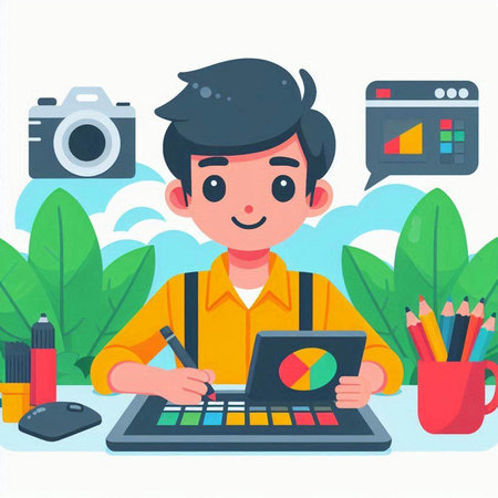 Photographer with camera and laptop vector illustration. Flat style design.のイラスト素材
