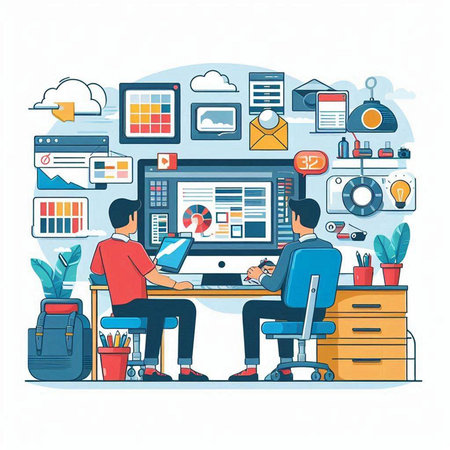 People working on computer. Vector illustration in flat style. Business concept.のイラスト素材