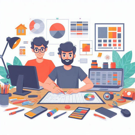 Designer or graphic designer working in his office. Colorful vector illustration in cartoon style.のイラスト素材