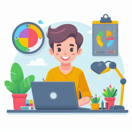 Young man working on laptop at home office. Freelance concept. Vector illustration in cartoon styleのイラスト素材