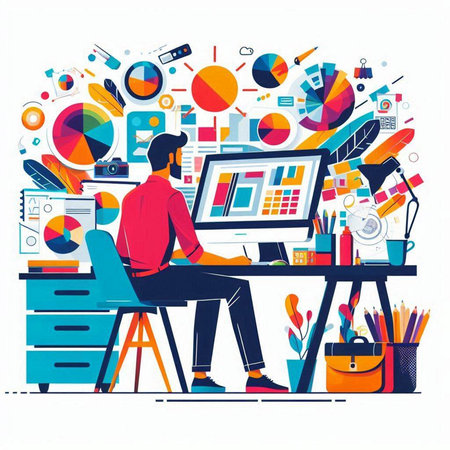 Vector illustration of young man working in office. Flat design style.のイラスト素材