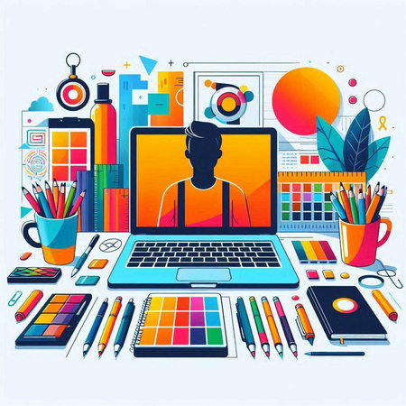 Vector illustration of graphic designer workplace with laptop, tablet, sketchbook, stationery, painting tools and accessories.のイラスト素材