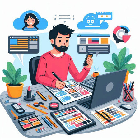 Designer working at his desk. Vector illustration in cartoon style.のイラスト素材