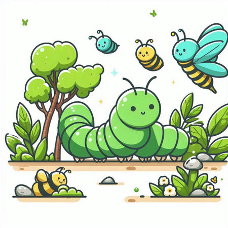 Illustration of a Cute Caterpillar and Insects in the Gardenのイラスト素材