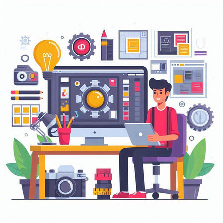 Photographer working at his desk in front of his laptop. Vector illustration in flat styleのイラスト素材