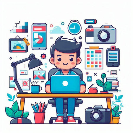 Vector illustration of a young man working on a laptop at home.のイラスト素材